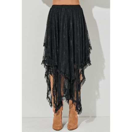 Black Lace Cascading Tiered High Waist Maxi Skirt
