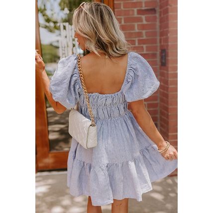 Sky Blue Stripe Bubble Sleeve Square Neck Ruched Pocketed Babydoll Dress