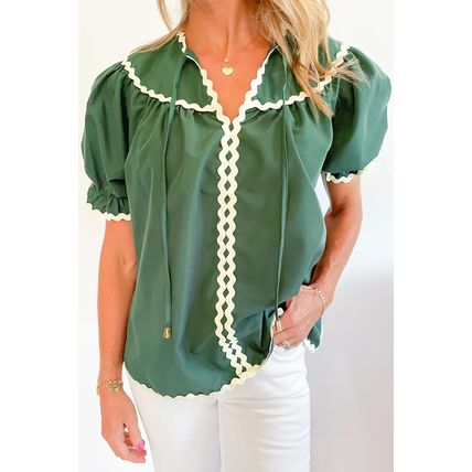 Mist Green Ric Rac Trim Tie Split Neck Short Sleeve Blouse