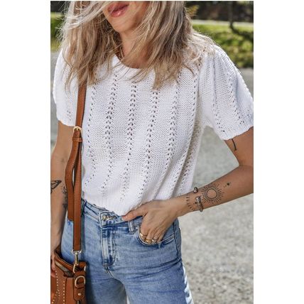 White Pointelle Knit Short Puff Sleeve Crewneck Sweater