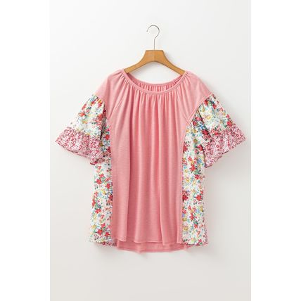 Pink Plus Size Floral Patchwork Ruffled Short Sleeve Blouse