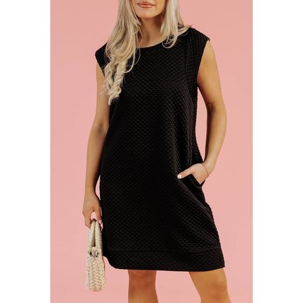 Black Textured Cap Sleeve T-shirt Shift Mini Dress