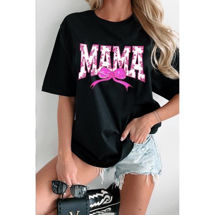 Black Floral MAMA Bow Graphic Crewneck T Shirt