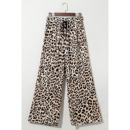 Parchment Leopard Drawstring Flowy Wide Leg Pants