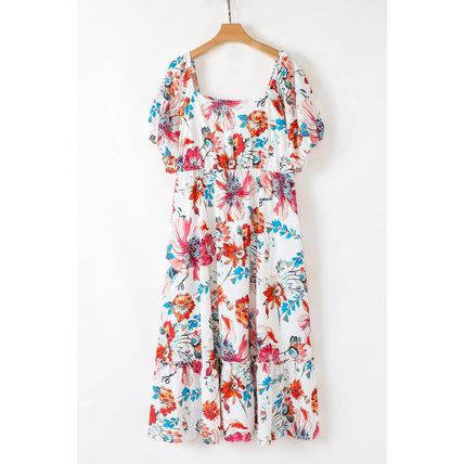 White Floral Square Neck Puff Sleeve Flowy Plus Size Midi Dress