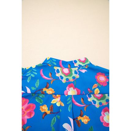 Blue Floral Short Puff Sleeve Button Up Shirt