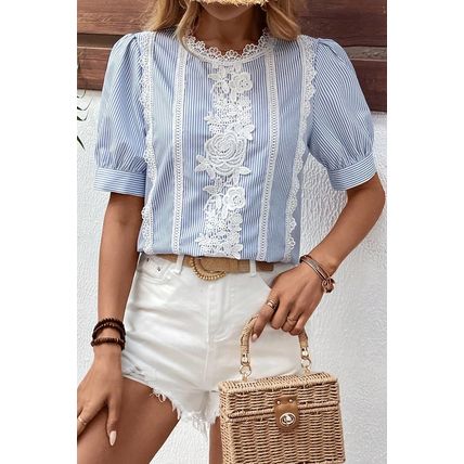 Sky Blue Stripe Floral Lace Splicing Puff Sleeve Blouse