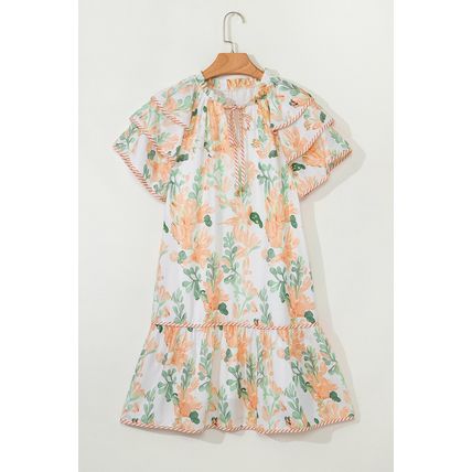 Orange Floral Contrast Edge Layered Short Sleeve Mini Dress