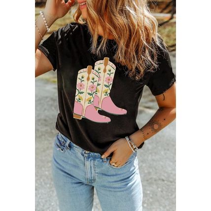 Black Floral Cowgirl Boots Cotton Blend T Shirt