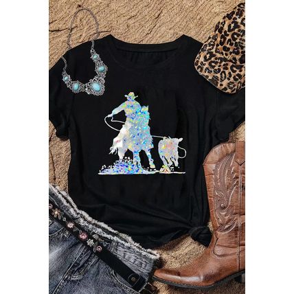 Black Laser Western Cowboy Graphic Crewneck Tee