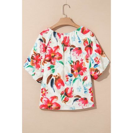 White Floral Print Puffy Half Sleeve Blouse