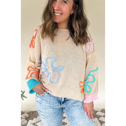 Jet Stream Contrast Flower Detail Colorblock Cuffed Loose Sweater