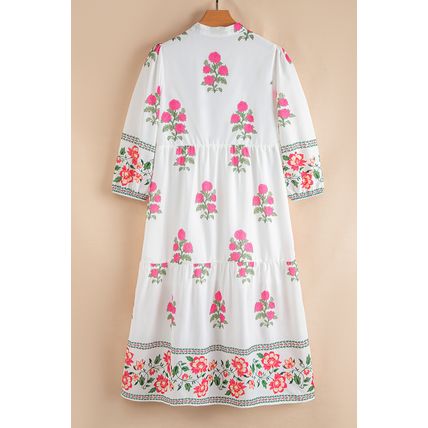 White Floral Print Half Button Mandarin Neck 3/4 Sleeve Maxi Dress