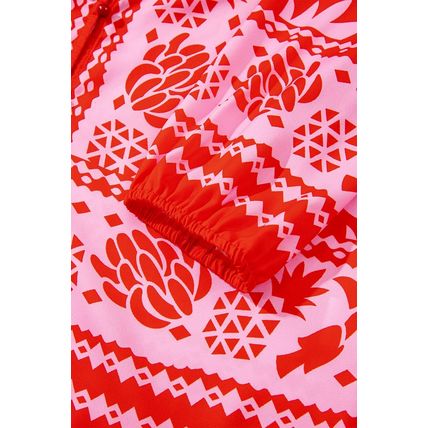 Strawberry Pink Abstract Floral Print Tie Neck Button Decor 3/4 Sleeve Blouse