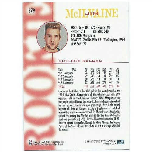 1994-1995 Hoops - #379 - Jim McIlvaine RC