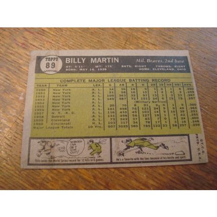 1961 Topps, BILLY MARTIN, #89, Braves