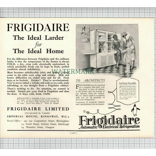 X1733) PINCHIN JOHNSON & Co / Frigidaire Advert - 1927 Cutting