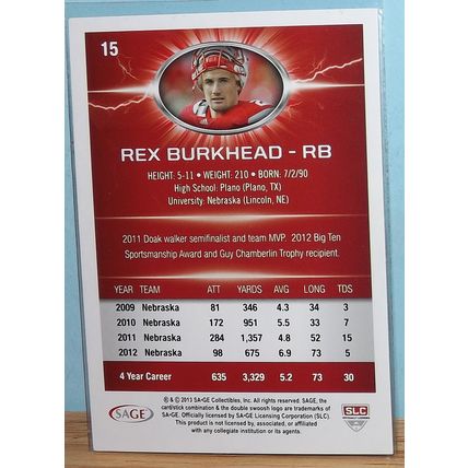 2013 Sage Hit REX BURKHEAD (Nebraska/Cincinnati Bengals) Rookie Card #15