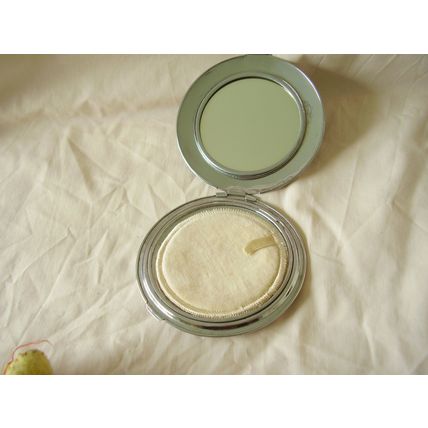 Art Deco Chrome Powder Compact Peacock & Flowers Oriental Vintage Large Flapjack