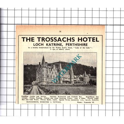 The Trossachs Hotel Loch Katrine Perthshire Newson Small Advert - 1939 Cutting
