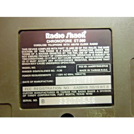 Radio Shack Chronofone cordless electronic telephone digital clock radio ET-380