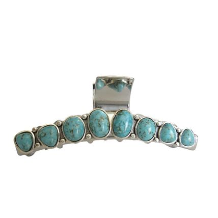 Long turquoise blue stone silver western style metal hair claw