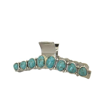 Long turquoise blue stone silver western style metal hair claw