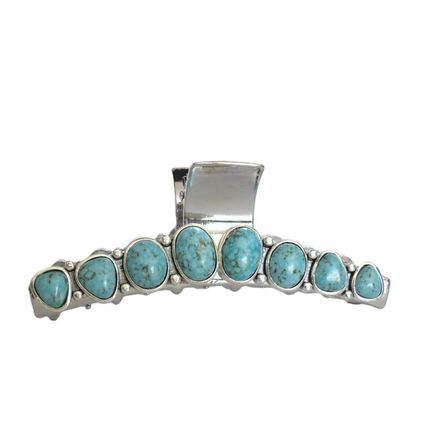 Long turquoise blue stone silver western style metal hair claw