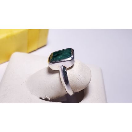 Estate 3.5ct Natural Emerald Cut Emerald bezel Polished SterlingSilver Ring22258