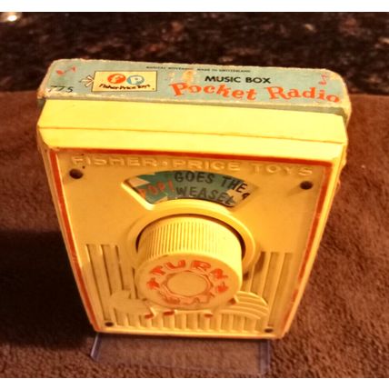 Old Vintage Fisher Price Pocket Radio Pop Goes The Weasel 6" Tall Working 1972