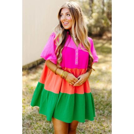 Multicolor Color Block Tiered Puff Sleeve Dress