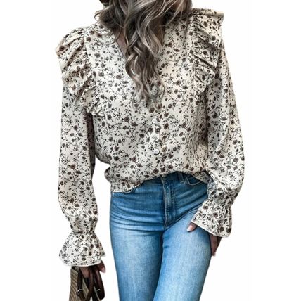 Floral Print V Neck Ruffled Blouse