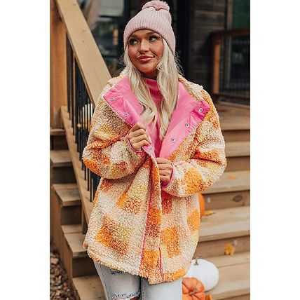 Orange Checkered Sherpa Hooded Jacket