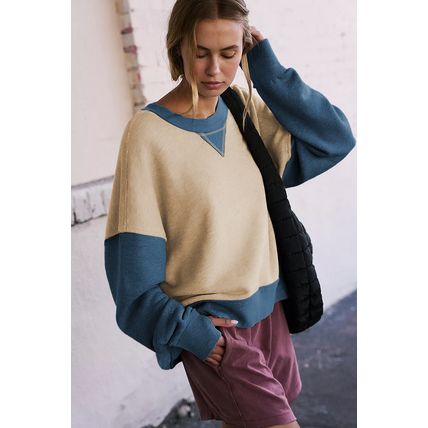 Parchment Color Block Thumbhole Sleeve Drop Shoulder Sweatshirt