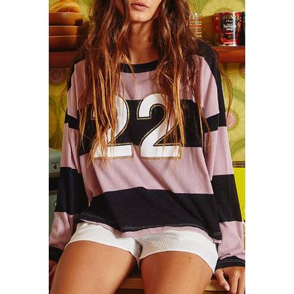 Pink Stripe Color Block Number 22 Print Game Day Loose Long Sleeve Top