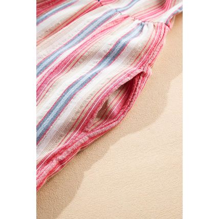 White Stripe Plus Size Embroidered Detail Flared 3/4 Sleeve V Neck Dress