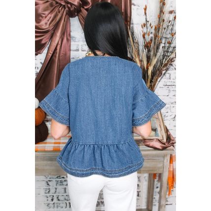 Dusk Blue Denim Ruffled Sleeve Lace up Front Peplum Top