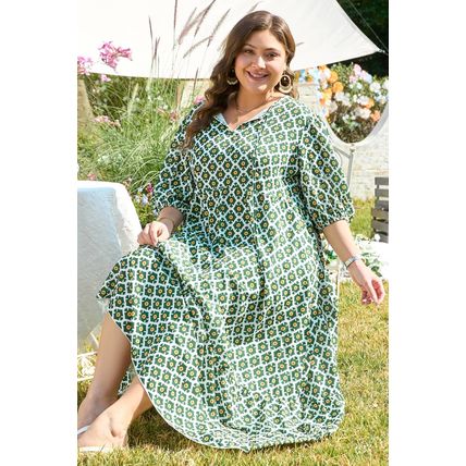 Green Geometric Floral Print Half Sleeve Plus Size Maxi Dress
