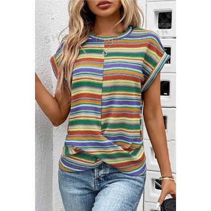 Multicolour Striped Pattern Twist Hem Short Sleeve Top