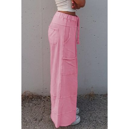 Bonbon Mineral Wash Exposed Seam Drawstring High Waist Wide Leg Cargo Pants