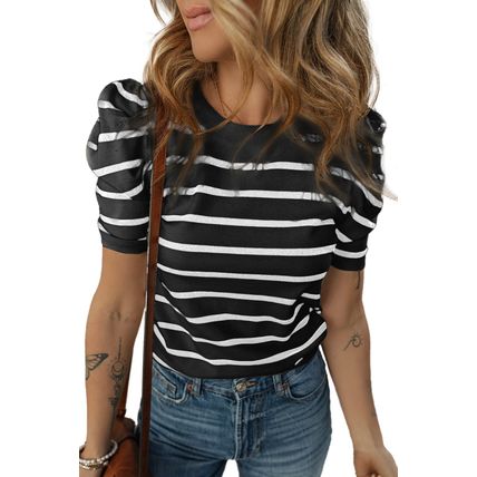 White Stripe Ribbed Trim Round Neck Bubble Sleeve Knitted Top