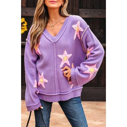 Lavendula Brushed Star Graphic V Neck Drop Shoulder Oversize Sweater