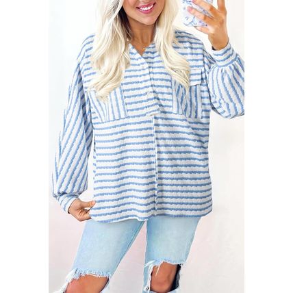 Sky Blue Stripe Half Button Collared Chest Pockets Loose Fit Blouse