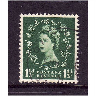 GREAT BRITAIN 1952 SG517 QEII TUDOR 1 1/2d GREEN FINE USED #4
