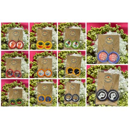 Paper Textures Bottle Cap Retro 60's Dangle Fish-hook Earrings Handcrafted