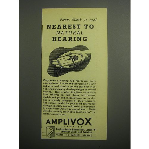 1948 Amplivox Hearing Aid Ad - Nearest to natural hearing