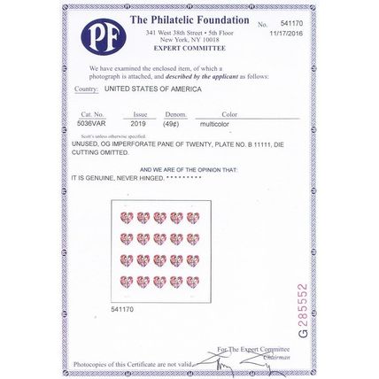 5036, Imperforate Plate Block ERROR - PFC Certificate Mint VF NH Stuart Katz