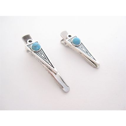 Small blue stone silver metal alligator hair claw clip clamp for fine thin hair