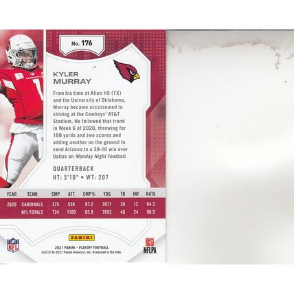 KYLER MURRAY 2021 PLAYOFF AUTOGRAPHED ARIZONA CARDINALS ALL-PRO QUARTERBACK CARD
