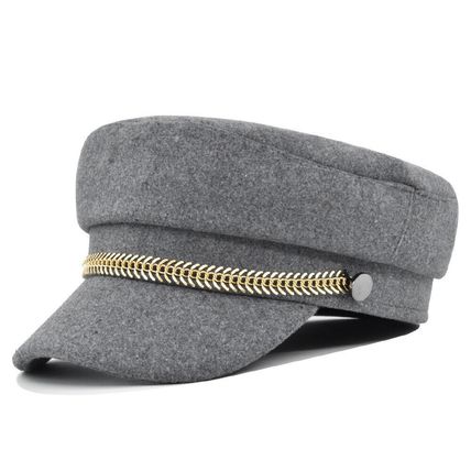 Women Faux Sailor Wool Captain Hat Flat Cap Army Style Chain Cabbie Beret Hat